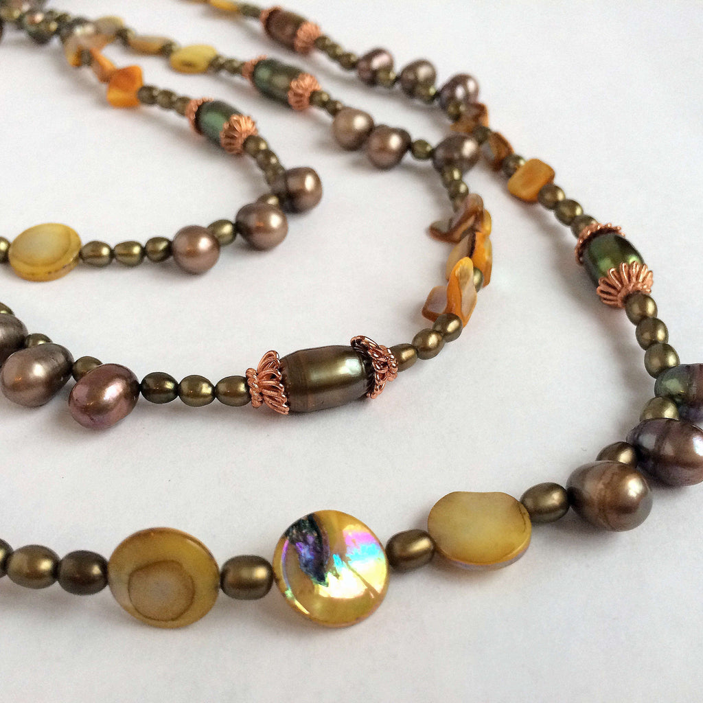 Copper, Natural Pearls & Mother of Pearl Double Row Necklace