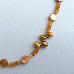 Natural Pearls, Citrine Stone, Mother of Pearl & Swarovski Crystals Necklace