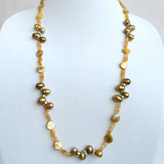 Natural Pearls, Citrine Stone, Mother of Pearl & Swarovski Crystals Necklace
