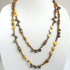 Copper, Natural Pearls & Mother of Pearl Double Row Necklace
